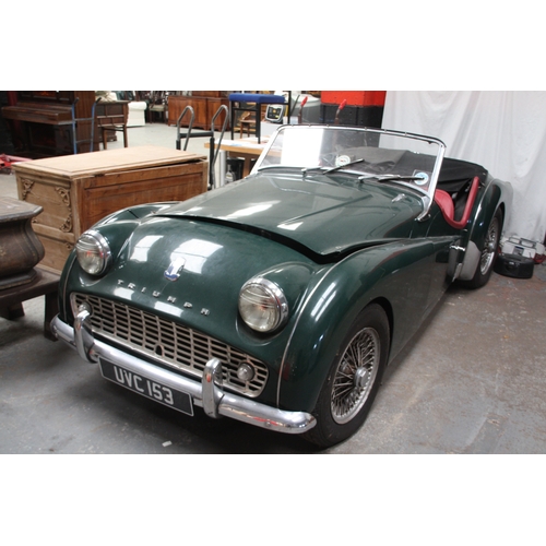 64 - UK REGISTERED
UVC153
Green Triumph TR3 1991cc
Manufactured 1959
Manual Petrol
Garage find, includes ... 