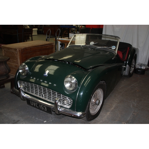 64 - UK REGISTERED
UVC153
Green Triumph TR3 1991cc
Manufactured 1959
Manual Petrol
Garage find, includes ... 