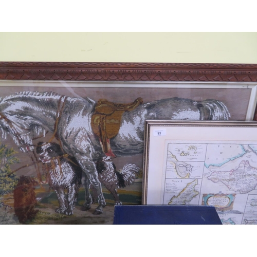 92 - Large Victorian needlework of a horse and dogs, a framed map of smaller Islands in the British Ocean