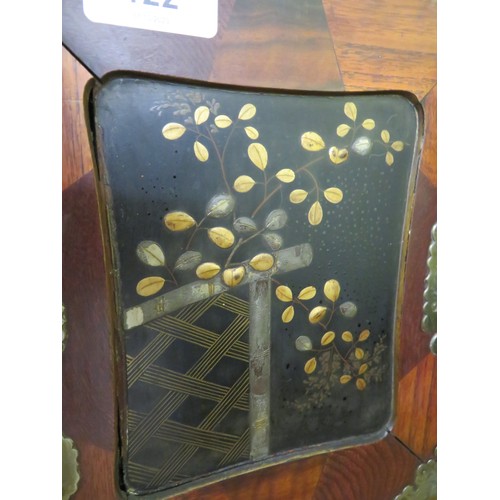 122 - Japanese small cabinet with seven drawers and metal furniture, marquetry inlay, black lacquered draw... 