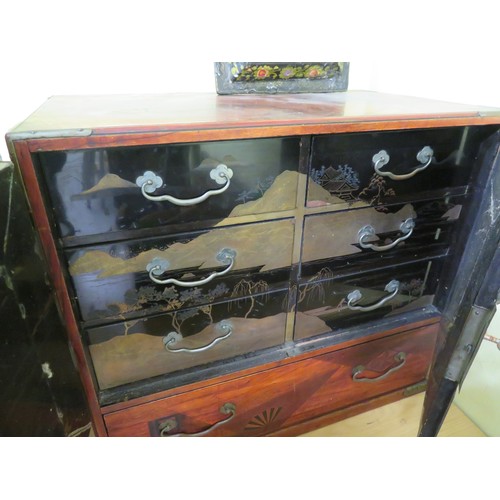 122 - Japanese small cabinet with seven drawers and metal furniture, marquetry inlay, black lacquered draw... 