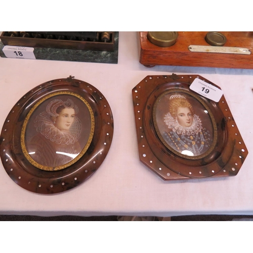 19 - Two portrait miniatures of Elizabethan ladies in tortoishell frames circa 1890