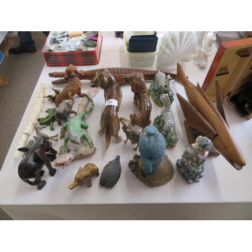 63 - Collection of animal figures including wooden alligator, kingfisher, zebras etc