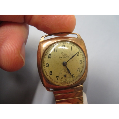 395 - 9ct gold old gents record wristwatch, no winder