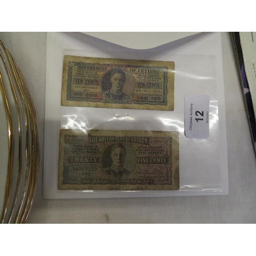 12 - Two interesting bank notes, 10c and 25c, Government of Ceylon