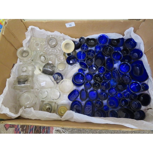 39 - Box of Bristol blue glass liners and inkwells