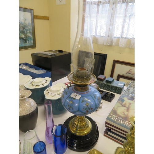 57 - Oil lamp with painted blue glass well