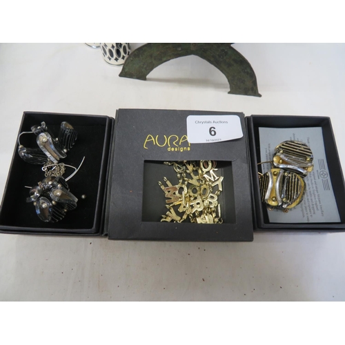 6 - Two pairs of unusual designer earrings plus gold plated letters