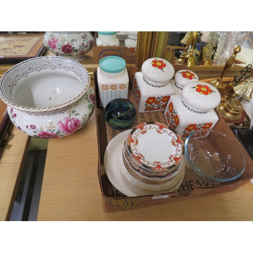 112 - Large pot, plus kitchenware and a glass paperweight