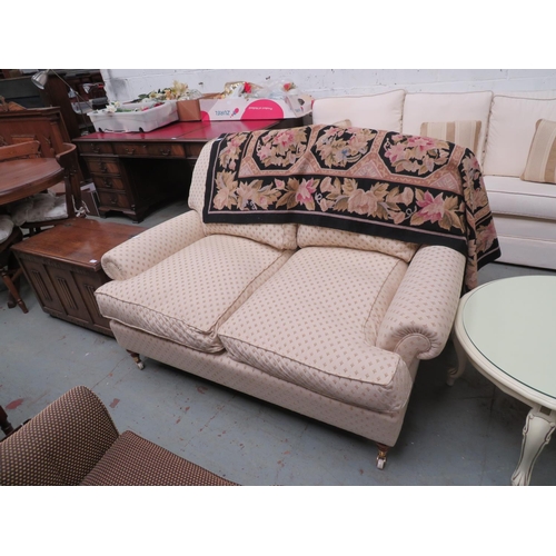 53 - Two seater settee plus matching chair in cream and gold upholstery plus a circular glass top table