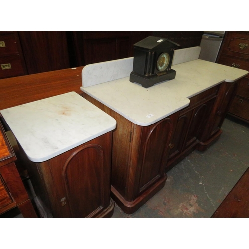 30 - Victorian mahogany marbled top wash stand plus a matching marbled top cupboard