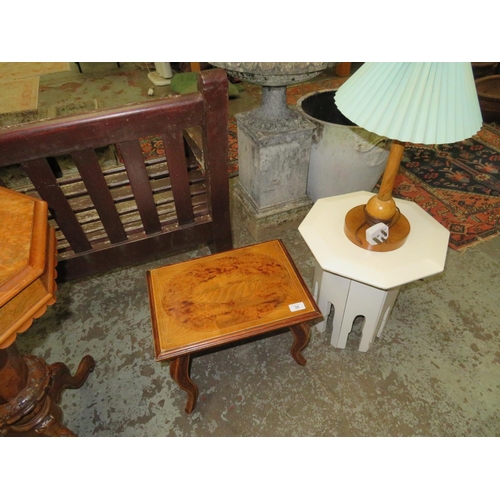 35 - Small inlaid table, plus a painted octagonal table on folding base and a wooden table lamp