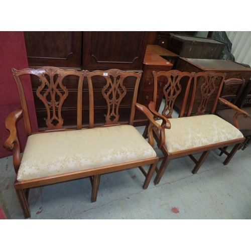 55 - Pair of two seater wooden settees with gold upholstered seats