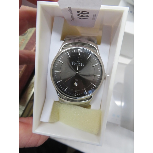 166 - A Gent's Skagen steel date wrist watch (boxed with papers)