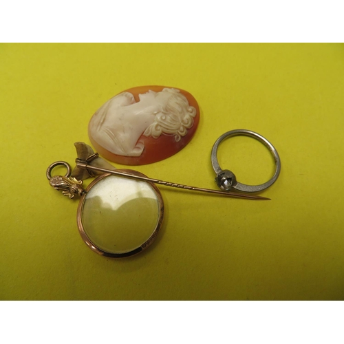 509 - 9 ct. gold frame, cameo, stick pin etc