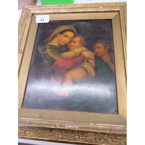 51 - Oliograph of a Mother Holding a Child in a gilt frame, 10x8ins