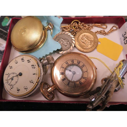 345 - A collection of pocket watches, Scottish brooch, medallions and chain