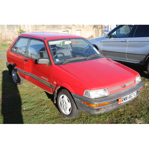 100 - RMN867C
Subaru Justy SL 4WD 1189cc
First Registered 11.03.1993
Approx 70,000 miles
Manual Petrol
Tax... 