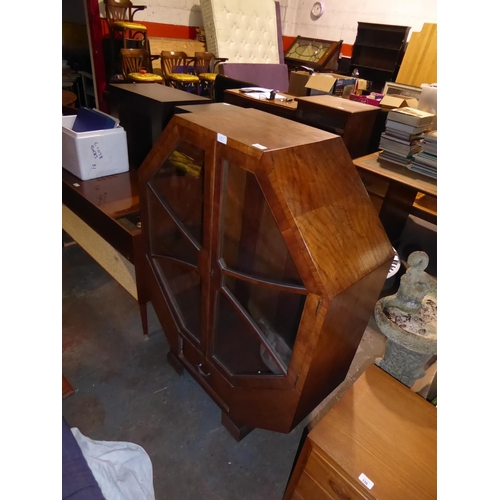 157 - Art deco octagonal display cabinet with astragal glazed doors and single drawer to base