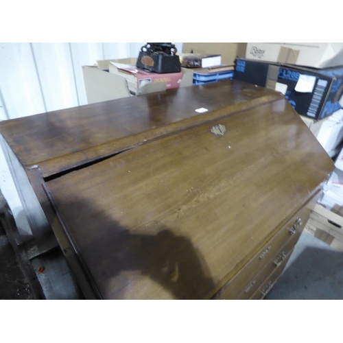 21 - Mahogany fall front bureau with three long drawers and brass swing handles