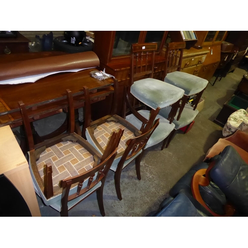 216 - Twin pedestal dining table with inlay top and eight dining chairs including two carvers