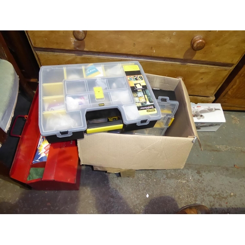 217 - Draper toolbox, angle grinder plus boxes of fittings and tools etc