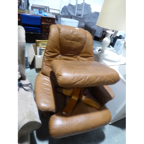 41 - Brown leather stressless style armchair and stool