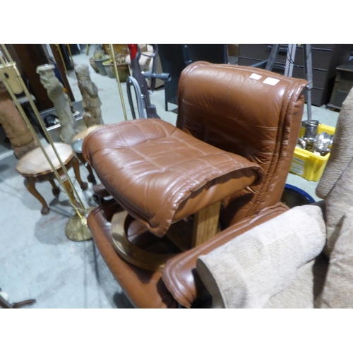 43 - Brown leather stressless style armchair and stool