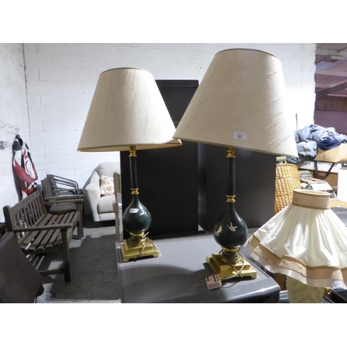 61 - Pair of green enamelled table lamps with crane decoration