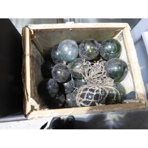 70 - Large tea chest full of green and clear glass buoys