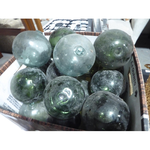 72 - Box of green and clear glass buoys