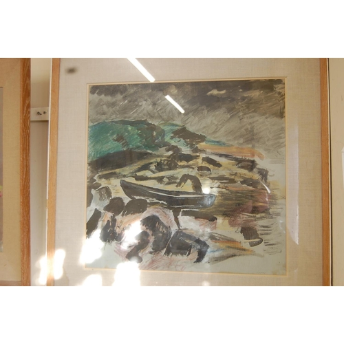 455 - LOT AMENDED - SZYRUOV?, boat in the rocks, watercolour and pastel, signed, 20 X 20ins