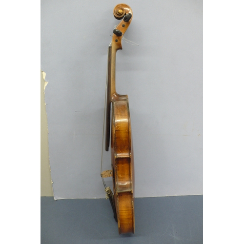 575 - Late 19thC Violin marked Hopf to top of back. Length 24ins, plus bow and hard case