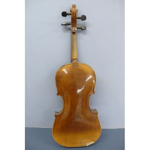 575 - Late 19thC Violin marked Hopf to top of back. Length 24ins, plus bow and hard case