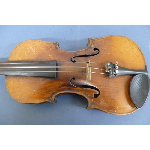 575 - Late 19thC Violin marked Hopf to top of back. Length 24ins, plus bow and hard case