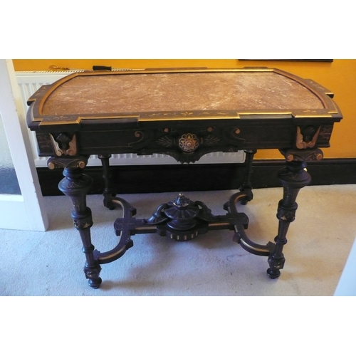 576 - 19thC Continental Carved Painted Pine Ornate Side Table with Red Figured Marble Top with Turned Legs... 