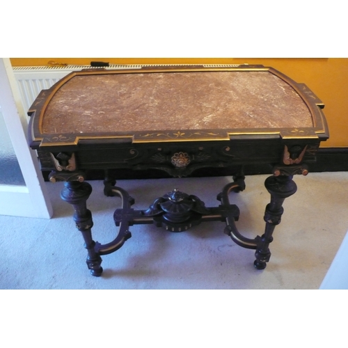 576 - 19thC Continental Carved Painted Pine Ornate Side Table with Red Figured Marble Top with Turned Legs... 