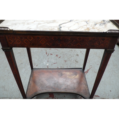 578 - 19thC Marble topped parquetry Rosewood, mahogany and hardwood table with ormolu galleried top, singl... 