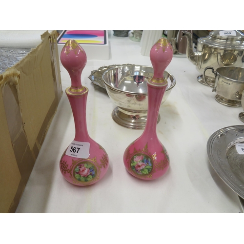 567 - Pair of pink glass and enamel scent bottles