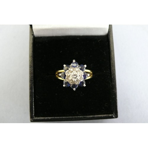 443 - An 18ct Gold Sapphire and Diamond Cluster ring (Tested), Size N