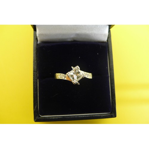 446 - 18ct White Gold Square Diamond Cross Over Ring With Diamond Shoulders, Size L