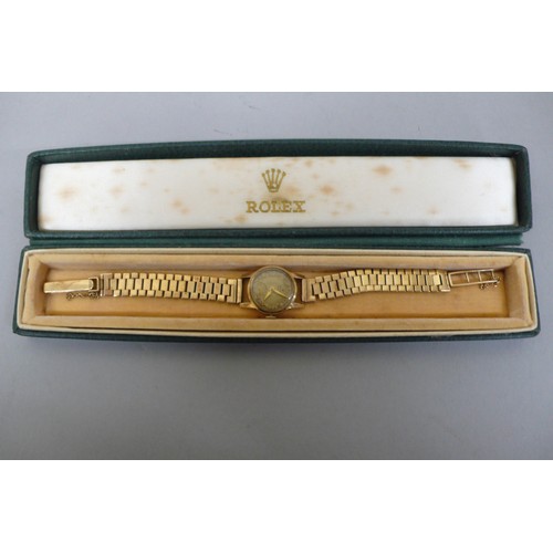 449 - Ladies 9ct Gold Rolex Precision wind up wristwatch with gold strap, Boxed, Total weight 24.5 grms