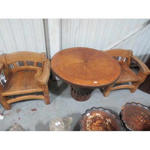 19 - Unusual cart wheel top circular table and two matching chairs