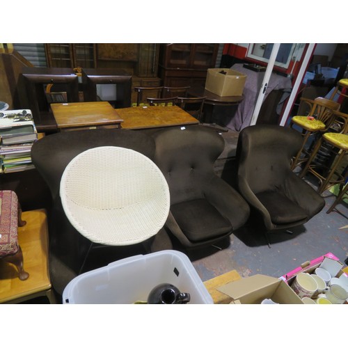 141 - Three matching 1960s armchairs (for re-covering) plus a wicker effect tub chair