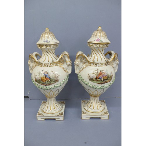 50 - Pair of Meissen Style Porcelain Urns with Covers having rams mask handles, garland decoration in rel... 