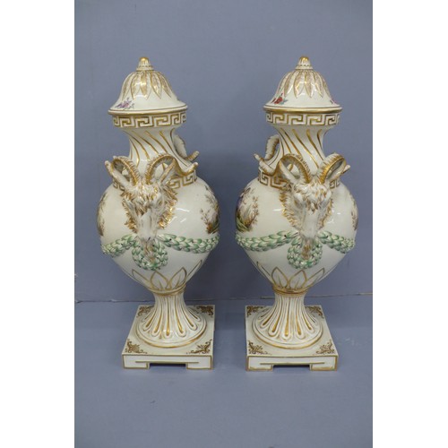 50 - Pair of Meissen Style Porcelain Urns with Covers having rams mask handles, garland decoration in rel... 