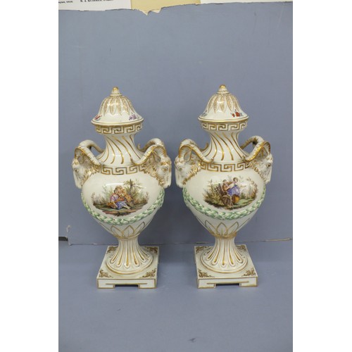 50 - Pair of Meissen Style Porcelain Urns with Covers having rams mask handles, garland decoration in rel... 