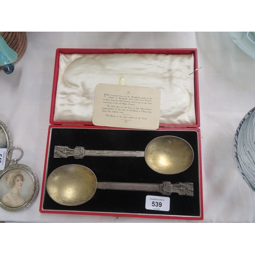 53 - Cased pair of large silver gilt metal novelty spoons having the Cross of St Maughold to tops with ca... 