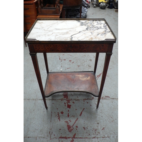 220 - 19thC Marble topped parquetry Rosewood, mahogany and hardwood table with ormolu galleried top, singl... 