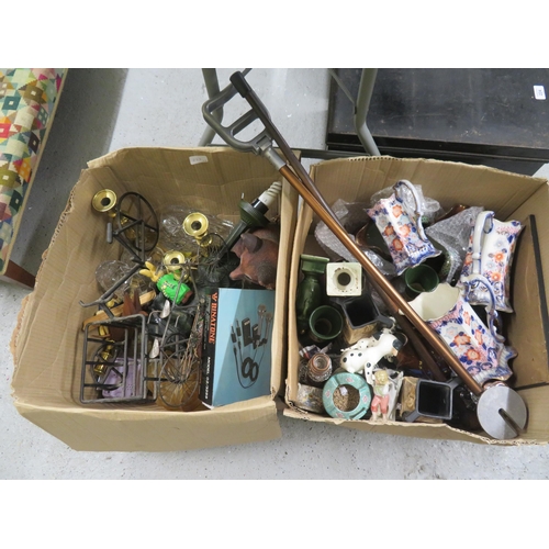 222 - Two boxes of assorted crocks, walking stick, shooting stick, ornaments, glassware etc